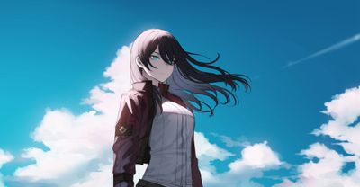 the image showcases a young woman, likely an anime character, with long, flowing black hair highlighted with streaks of gray. she is standing against a vibrant blue sky dotted with fluffy white clouds. the wind appears to be whipping her hair around her as she gazes into the distance. she is dressed in a white shirt and a brown jacket with buckles and straps, lending her a somewhat adventurous air. the low camera angle and the upward gaze of the character create a sense of hope and aspiration.
