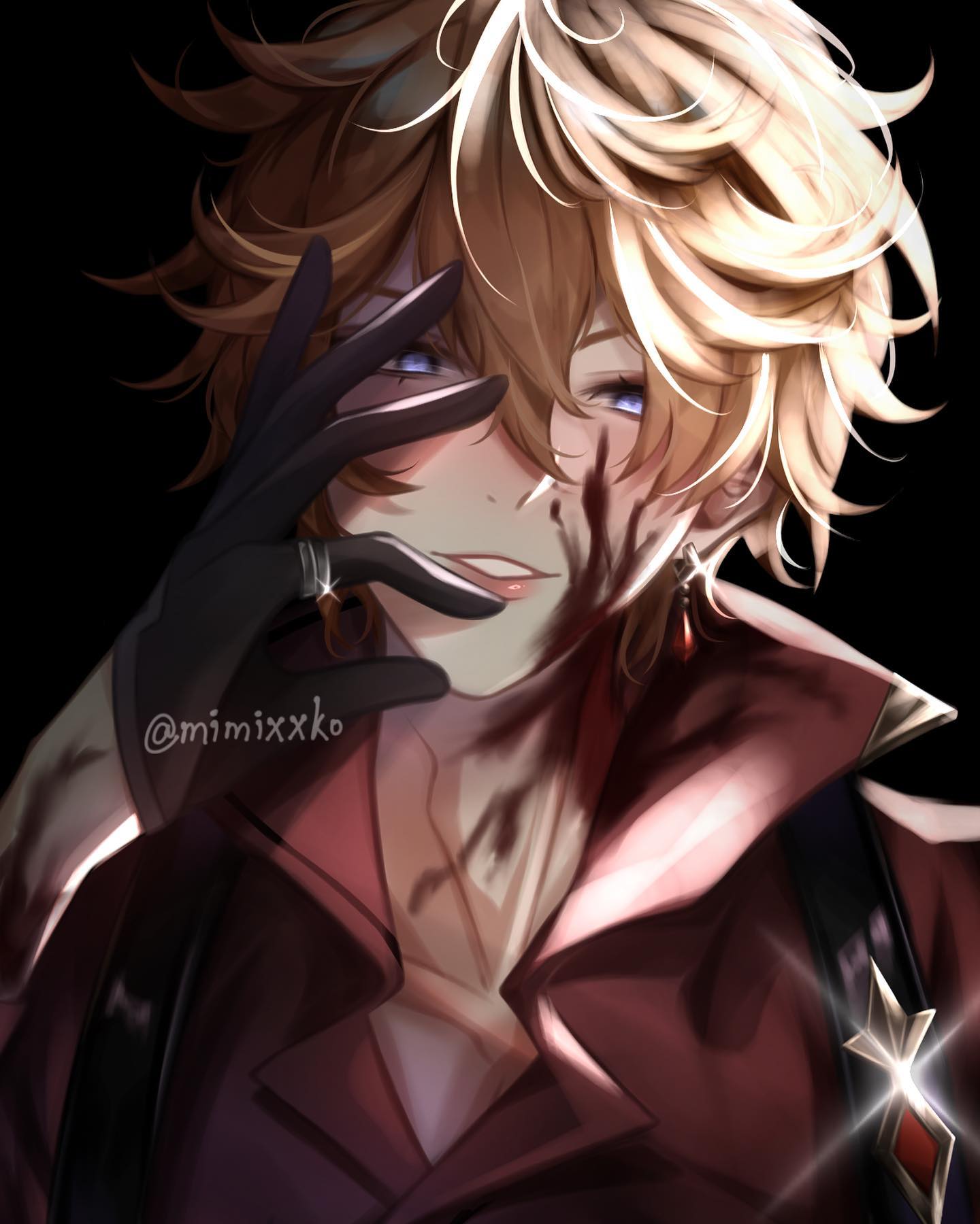 the image is a digital fanart depicting a young animestyle male character with long, blond hair and blue eyes. he's wearing a stylish, dark red jacket with gold accents and black gloves.  his face shows signs of injury, with blood staining his cheek and neck. he has a somewhat serious and mysterious expression, partially obscured by his hand. the background is dark, making the character stand out prominently. the overall style is reminiscent of manga and anime art. the artist's tag, "@mimixxk0," is visible in the lower left.