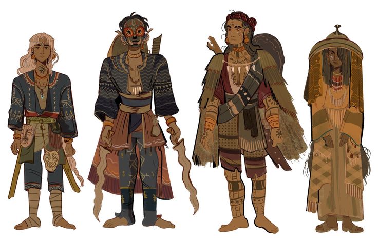 this illustration depicts four tribal characters, all dressed in vibrant clothing, intricate headdresses, and interesting accessories. the character on the far left is a female with long blonde hair, a blue and white striped shirt and a patterned skirt. she is carrying a mask and a weapon. the next character is male with a wooden mask on his face. he is dressed in a dark blue and white shirt with a patterned skirt and is carrying a dagger. the third character is a male with long dark hair, a red headdress, and a red and brown shirt. he is carrying a weapon and has a dark grey and brown cloak around him. the final character is a female, with a brown headdress and is dressed in a flowing brown and yellow gown. the characters are drawn in a cartoony and whimsical style with an emphasis on detail.