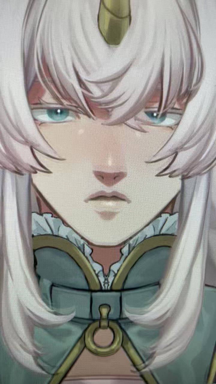the image is a closeup portrait of an animestyle female character. she has long, white hair and a single, small horn on her forehead. her expression is serious or neutral. she is wearing a teal and gold outfit that appears to be fantasy or mythical in style. the artwork is detailed and uses a soft color palette. the style is similar to character design found in video games or animated series.