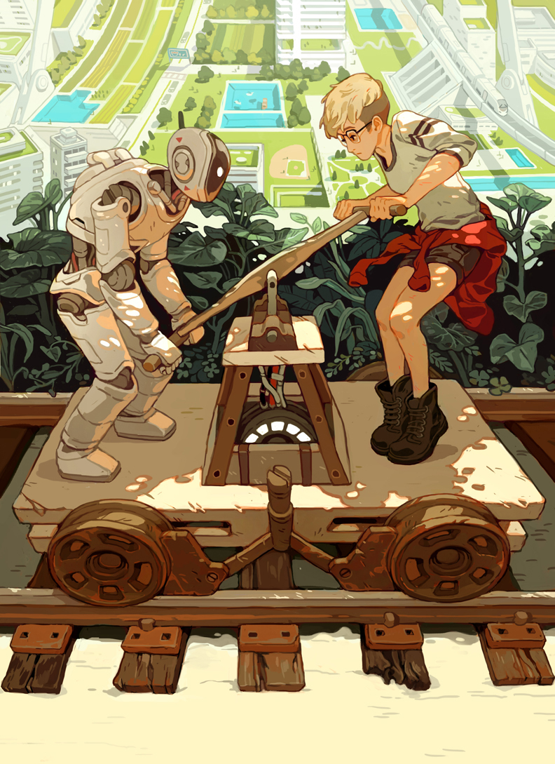a robot and a young human, both standing on top of a concrete platform with a lever and a train track. the robot is pushing a large, wooden lever towards the human who is holding it. the platform is set against the backdrop of an urban, futuristic city. this artwork is illustrated in a cartoon style and could be considered anime, manga or steampunk.