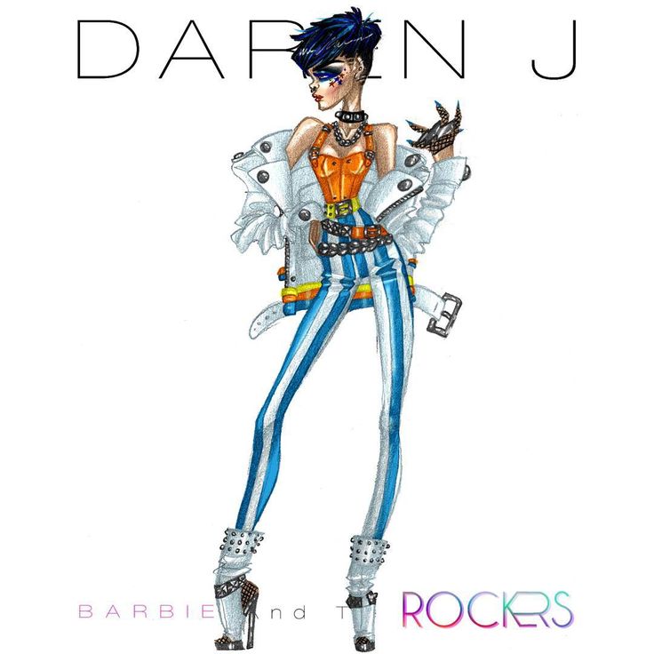 a fashion illustration featuring a woman with short blue hair, wearing an orange top, white jacket, and striped pants. she is accessorized with a choker necklace, studded boots, and gloves, exemplifying a punk rock style. the text "darin j" is at the top, and "barbie and the rockers" is at the bottom.