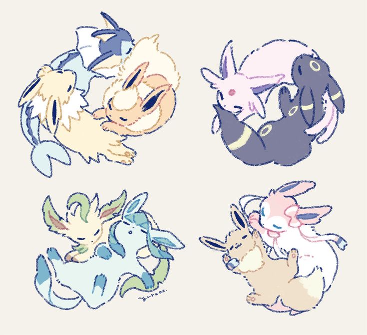 his image contains four sets of adorable chibistyle pokémon illustrations. each set features two eevee evolutions snuggled together in a peaceful sleep.  the style is soft and pastel, with a slightly textured look to the line art. the pokémon depicted are: top left: vaporeon and flareon top right: espeon and umbreon bottom left: leafeon and glaceon bottom right: sylveon and eevee (regular)the overall mood is serene and heartwarming, emphasizing the closeness and affection between these cute creatures. the artist's signature is visible in the bottom left quadrant.