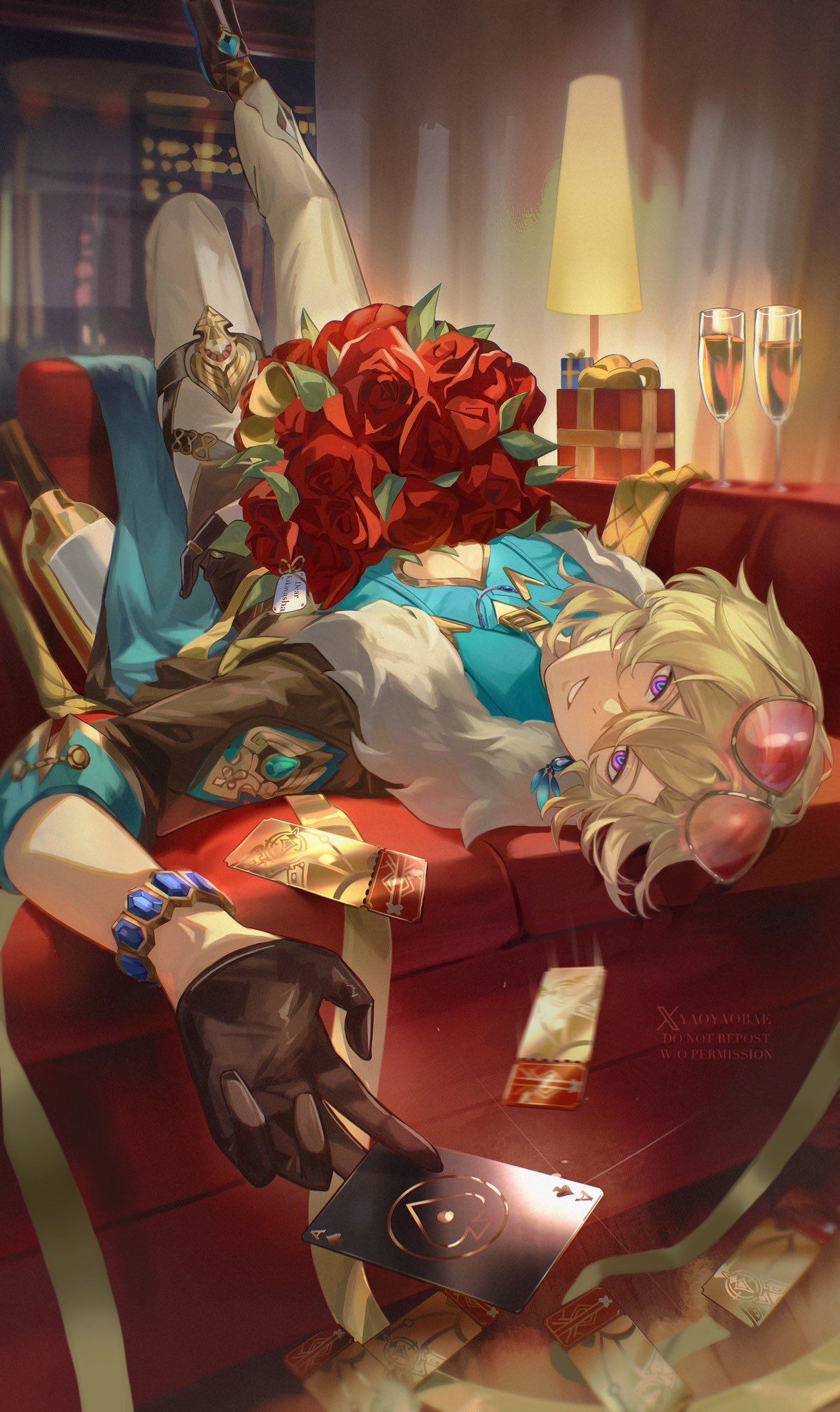 the image depicts an anime character, a young man with blonde hair, sitting on a plush red couch. he is wearing a lavish outfit, a white shirt with a blue top, and a brown and green jacket with gold embellishments. he has a bouquet of red roses in his hands and is laying back, looking slightly bored. he is wearing sunglasses and has a playing card in his hand. there are champagne glasses and playing cards scattered around him, hinting at a playful and luxurious setting. the overall style is vibrant and suggestive of a carefree and wealthy lifestyle.