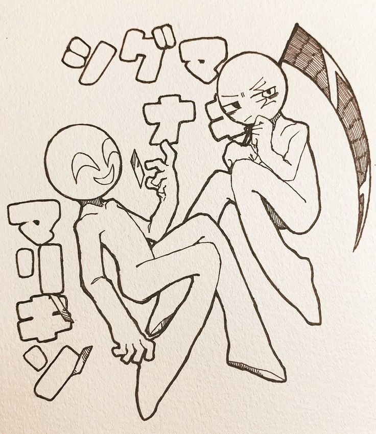 this image is a doodle of two stick figures drawn in pencil on a white piece of paper. one stick figure is sitting with their legs crossed, and the other stick figure is standing and leaning on the first one's leg. both stick figures have large circles for heads, but they have different expressions. the seated stick figure has a more serious expression with furrowed brows, and the standing stick figure is smiling. the drawing appears to be done by a child or someone who enjoys doodling. the text surrounding the figures is in japanese.
