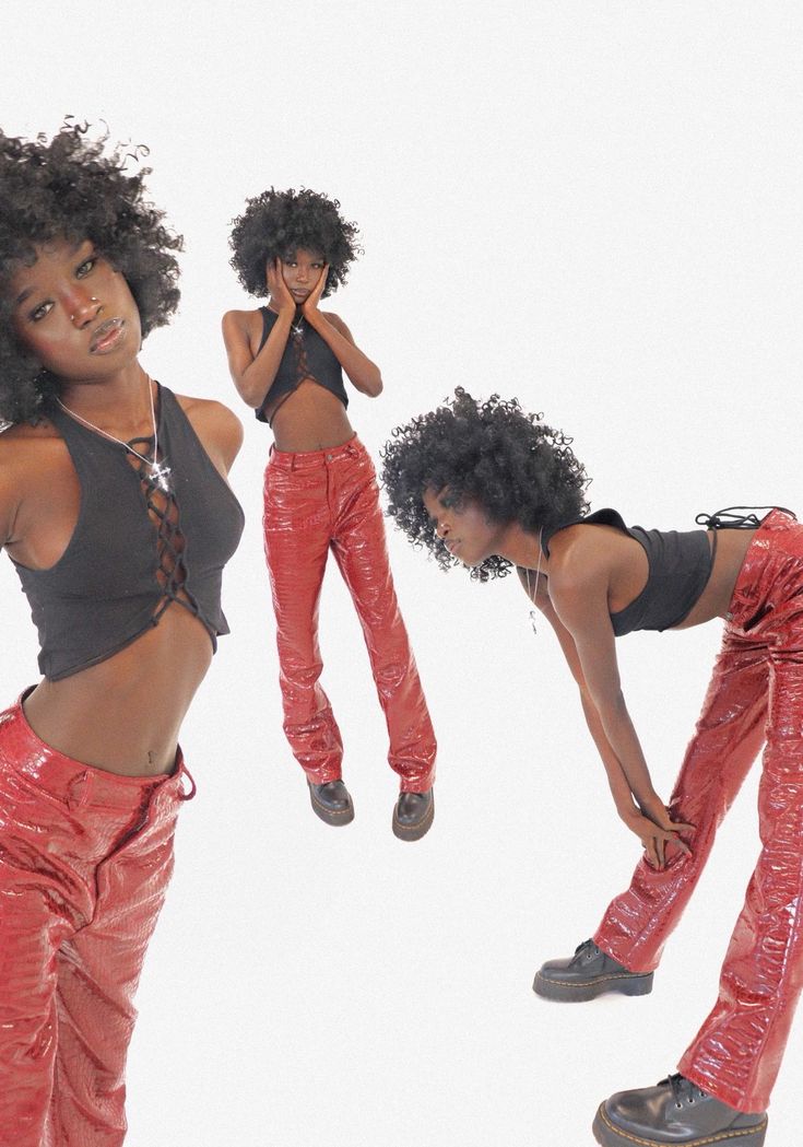 a woman in a red leather pants and a black tank top stands in a variety of poses on a white background.