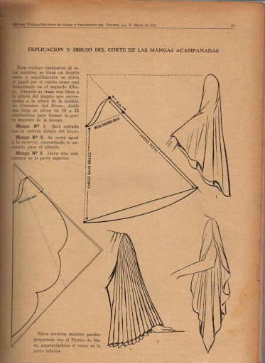 this image depicts a sewing pattern design for making flared sleeves. the page features diagrams and instructions in spanish for creating different styles of sleeves. there are technical drawings illustrating the cutting patterns, measurements, and how the sleeves will look when finished. the text provides explanations for each manga (sleeve) design.