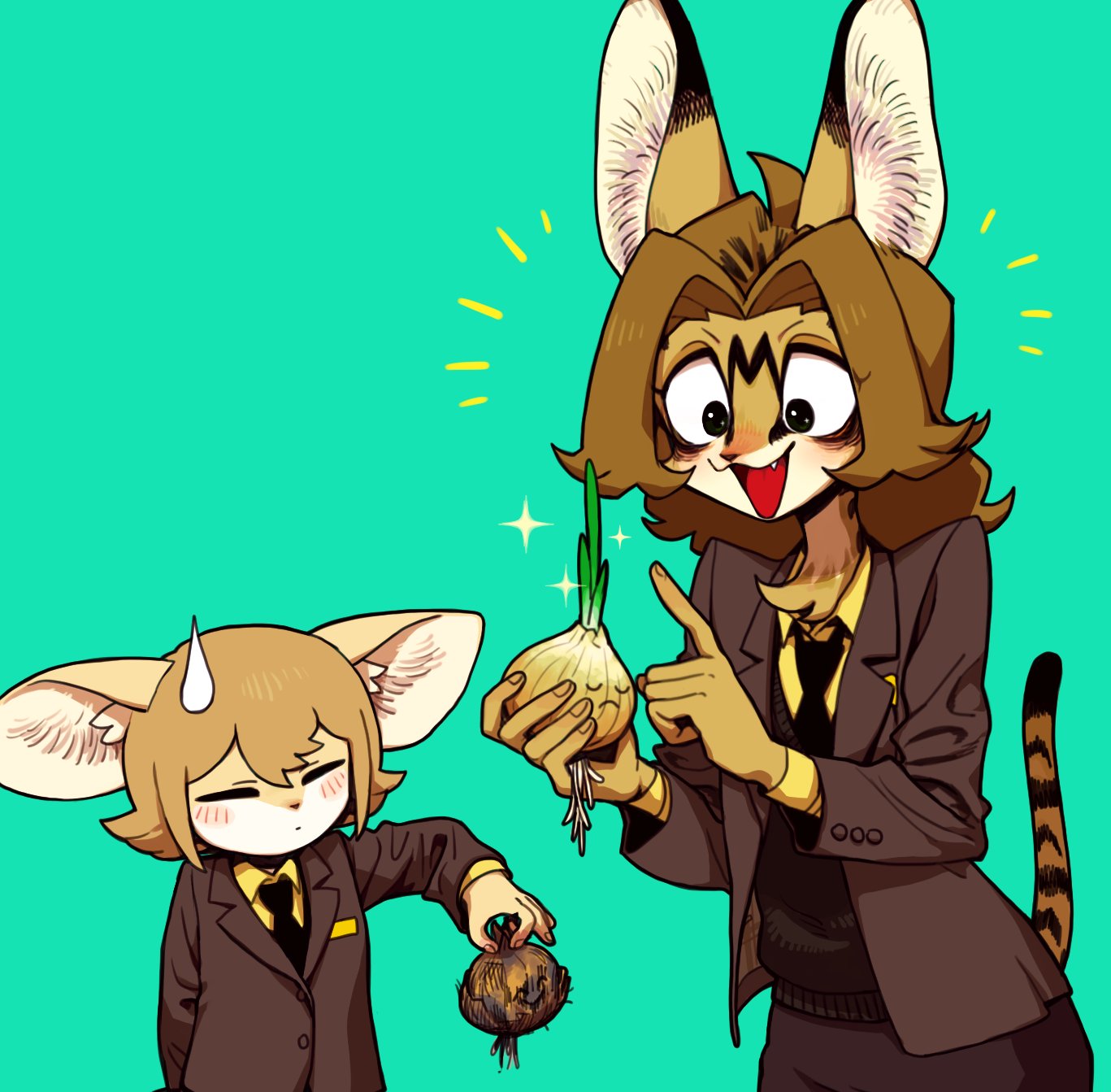 this image is a cartoon drawing of two furry girllike animals. one is a catlike animal with brown fur and ears. the other is a doglike animal with brown fur, white ears, and a white spot on her forehead. the catlike animal is wearing a brown suit with a yellow tie and is holding a green onion.  she is pointing at the onion and smiling.  the doglike animal is wearing a brown suit with a yellow tie. she is holding a brown onion in her right hand. the background of the image is a bright teal green color.