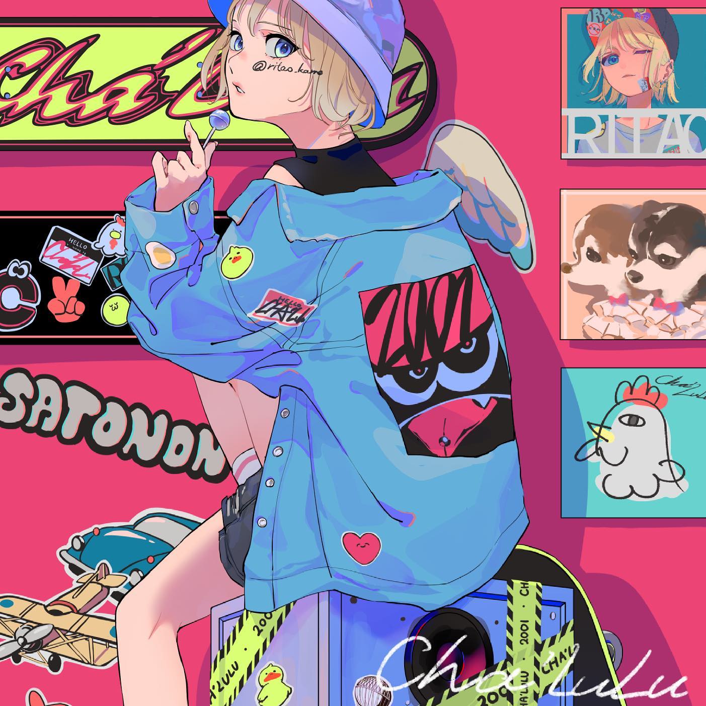 the image is a vibrant and colorful digital illustration of an animestyle girl. she has short blonde hair, is wearing a light blue denim jacket adorned with various patches and stickers, and a light blue bucket hat. she holds a lollipop in her hand and has small angel wings behind her.  the background features a pink backdrop with various other illustrations and designs, including cartoon animals, text, and graphic elements. the overall style is playful, trendy, and expressive.  the image has a distinct aesthetic that blends anime and street style elements.