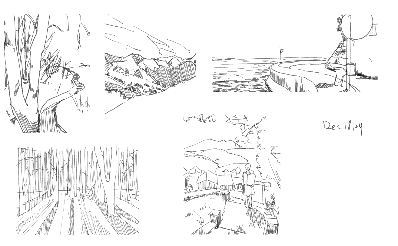 he image contains four separate pen and ink sketches of different landscapes. the style is loose and expressive, with quick, gestural lines capturing the essence of each scene. the top left shows a path flanked by trees; the top right shows a coastal scene with a road and water. the bottom left shows a sunlit path through a forest and the bottom right a village scene, presumably in a mountain area, with people walking along a path.  the date "dec 18 24" is written on the right.  all are monochromatic with varying line weights.