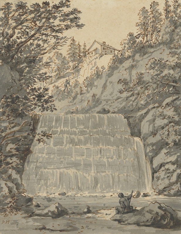 a monochrome drawing of a landscape featuring a large waterfall, surrounded by trees and rocks. a building is situated on a hill in the background. a figure is seated on a rock near the stream in the foreground. the drawing appears to be created with pen and ink, portraying a natural scene.