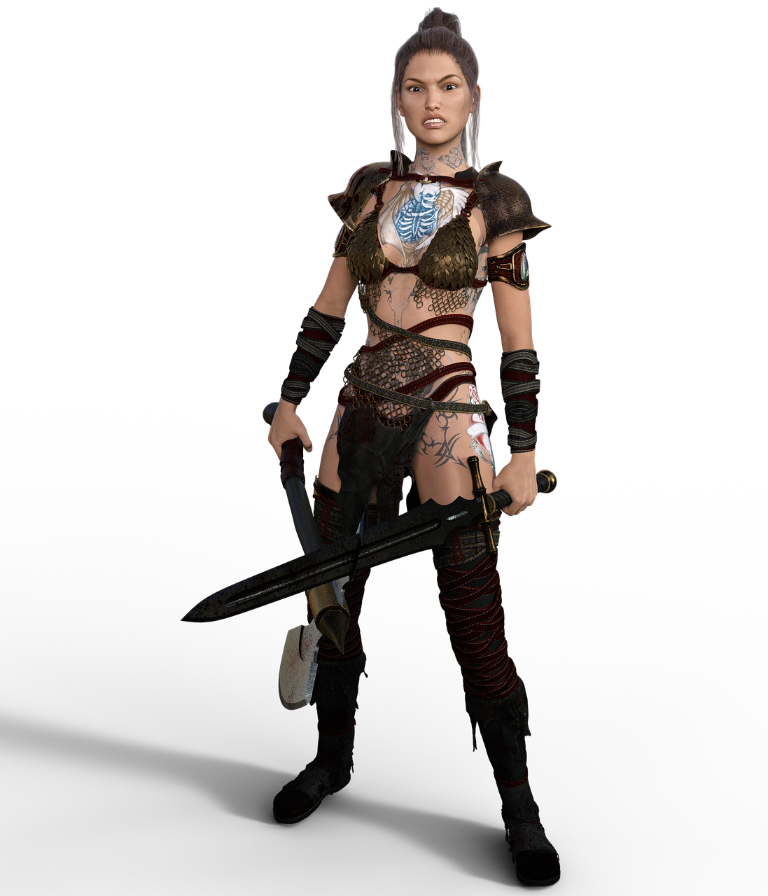 a fullbody image of a female warrior with an angry expression, holding a sword in one hand and an axe in the other. she is wearing fantasystyle armor and has multiple tattoos on her body. the background is black.