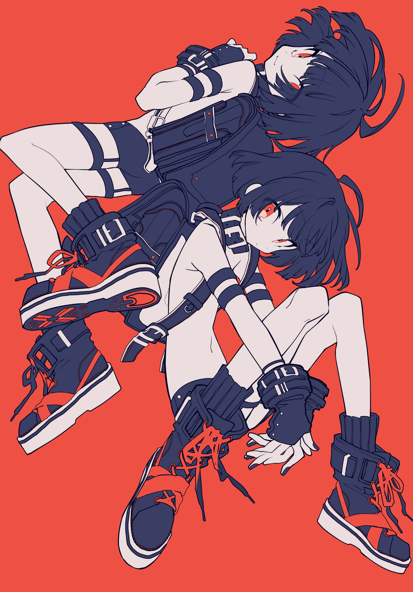 the image shows two animestyle female figures in a futuristic setting against an orange background. one figure is lying on top, dressed in dark clothing with straps and buckles, while the other is sitting below, wearing a lightercolored outfit with similar straps and buckles. both have black hair and red eyes, wear matching gloves and boots, and appear to be in sync with one another. their outfits and accessories suggest a stylized, potentially combatoriented theme.
