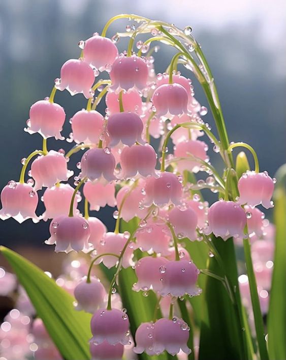 a closeup shot of a cluster of delicate pink lily of the valley flowers, their bellshaped blooms gracefully drooping downwards. the flowers are wet with dew, catching the bright natural light and creating a soft, dreamy atmosphere. lush green leaves provide a vibrant backdrop for the delicate pink blossoms.