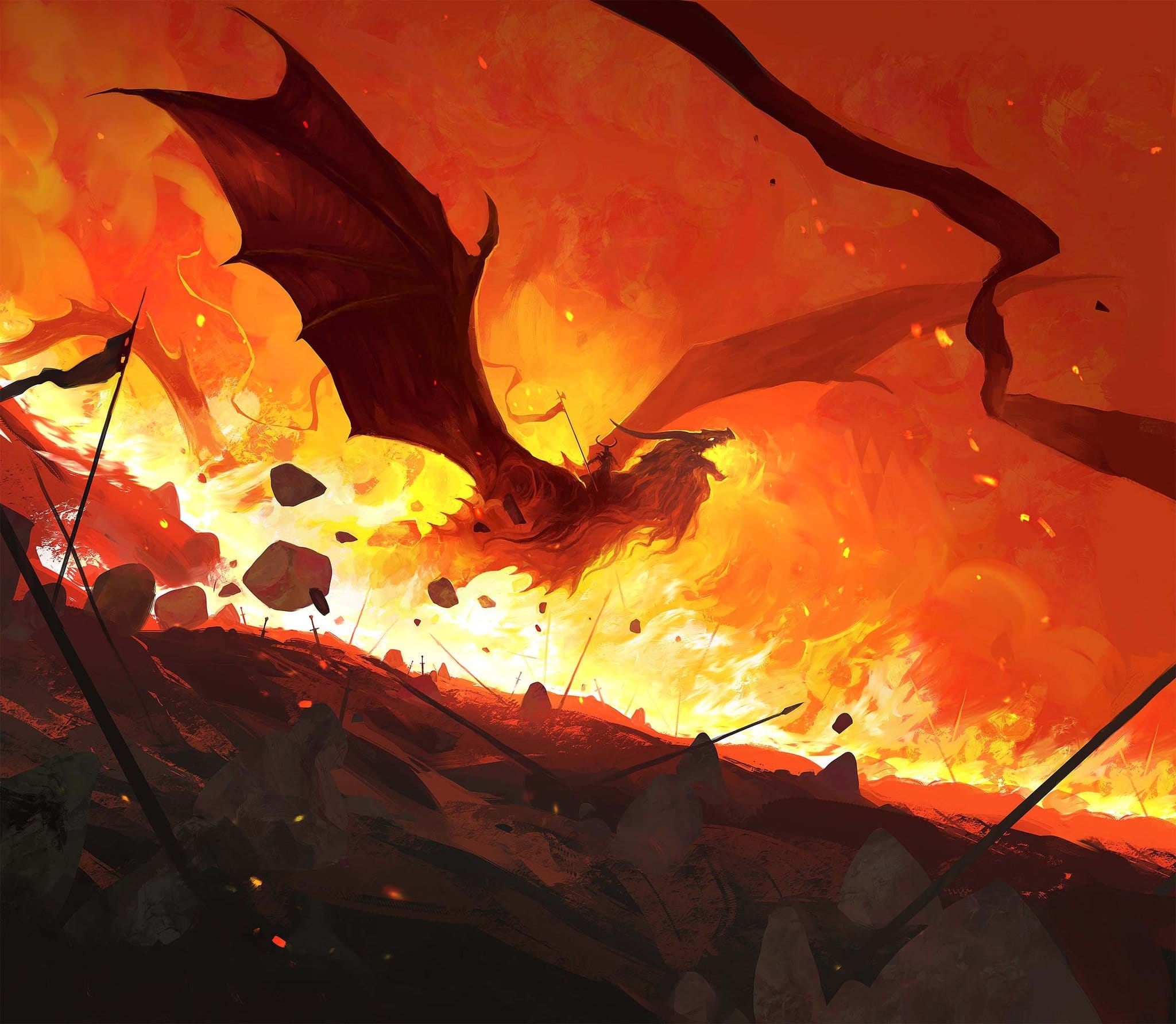 the image depicts a dramatic and fiery scene of a massive fire dragon soaring through a battlefield engulfed in flames. the dragon, a fiery orange and red, appears to be breathing fire or engulfed in its own flames, causing widespread destruction amongst a seemingly defeated army. broken spears and the silhouettes of soldiers are scattered across the scorched ground, emphasizing the dragon's devastating power. the overall style is fantasy art, rendered in a dynamic digital painting technique with strong use of contrasting colors and dramatic lighting. the intensity of the fire and the dragon's power are the central focus of the image.