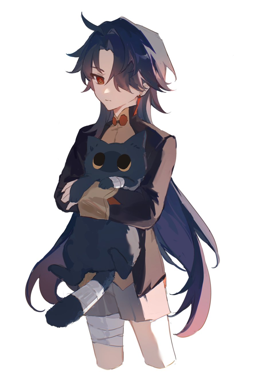 this is a digital illustration of a young woman with long black hair holding a black cat. the woman is wearing a long black coat, and the cat is wrapped around her arms. the woman has a sad expression and is looking down at the cat. the image is set against a white background.