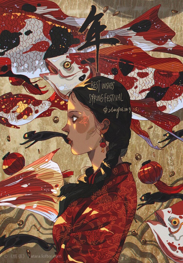 the image is a colorful illustration of a woman in a red and gold traditional chinese outfit standing in front of a background of red and gold koi fish. the woman is smiling and holding a red envelope. there are red lanterns and black cats scattered around her. the background is made up of a pattern of gold coins and red and gold koi fish. the woman is surrounded by the imagery of chinese new year, with the message "best wishes spring festival" written in the center of the image. the artwork evokes a sense of joy, prosperity, and celebration.