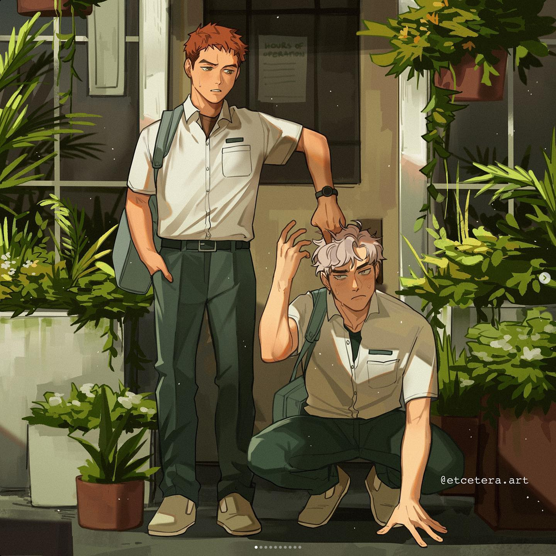 two boys in school uniforms stand in front of a flower shop. the boy on the left, with red hair, is standing upright and looking at the viewer with a somewhat annoyed expression. the boy on the right, with white hair, is crouching and looking up at the redhaired boy. the whitehaired boy seems to be annoyed as the redhaired boy is touching his hair. surrounding them are luscious green plants from the flower shop. the overall atmosphere is playful and the art style is warm and inviting.