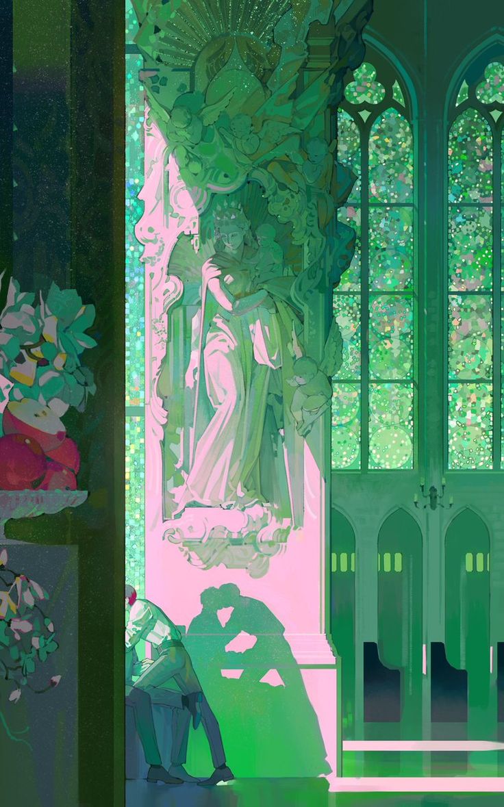 the illustration depicts the interior of a church or cathedral. the dominant colors are various shades of green and pink, creating a pastellike atmosphere. a large, ornate stainedglass window bathes the scene in a soft green light.  a prominent statue, possibly depicting the madonna and child (although the child figure is less clearly defined), is set within an elaborate niche or alcove on the wall.  in the foreground, near a dark pillar or wall, a couple sits close together, their shadows cast prominently on the floor suggesting a romantic interaction, possibly a kiss. the overall style is a blend of realism and stylized art, with attention to detail in the architecture and a dreamlike quality to the lighting and colors. the scene evokes a sense of quiet contemplation and romance within a sacred space.