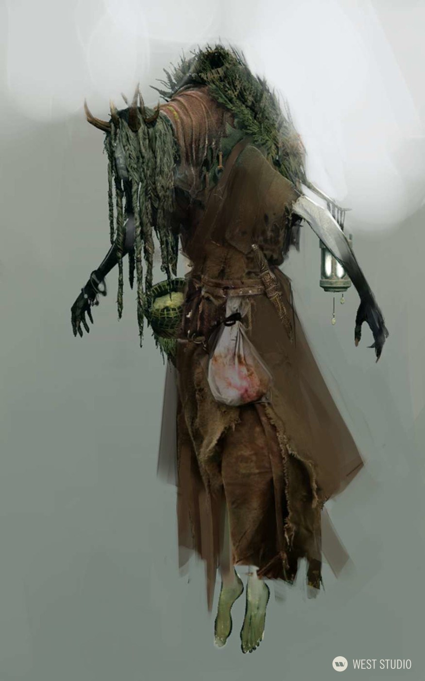 a digital painting of a swamp creature with mossy horns, wearing tattered clothing and carrying a lantern and a bag. the creature appears to be floating.
