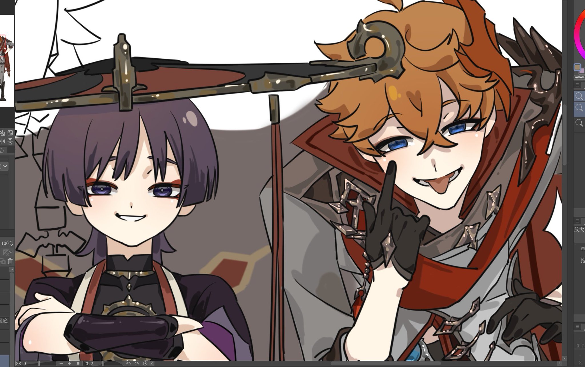 this is a digital art piece of an animestyle couple. the girl is on the left side of the image, while the boy is on the right. both are looking at the viewer and smiling. they are both wearing elaborate outfits. the girl is dressed in a black and purple outfit, with a large hat and gloves. she has purple hair and bright blue eyes. the boy is wearing a white and red outfit, with a hat and gloves. he has orange hair and blue eyes. the image is set against a white background.