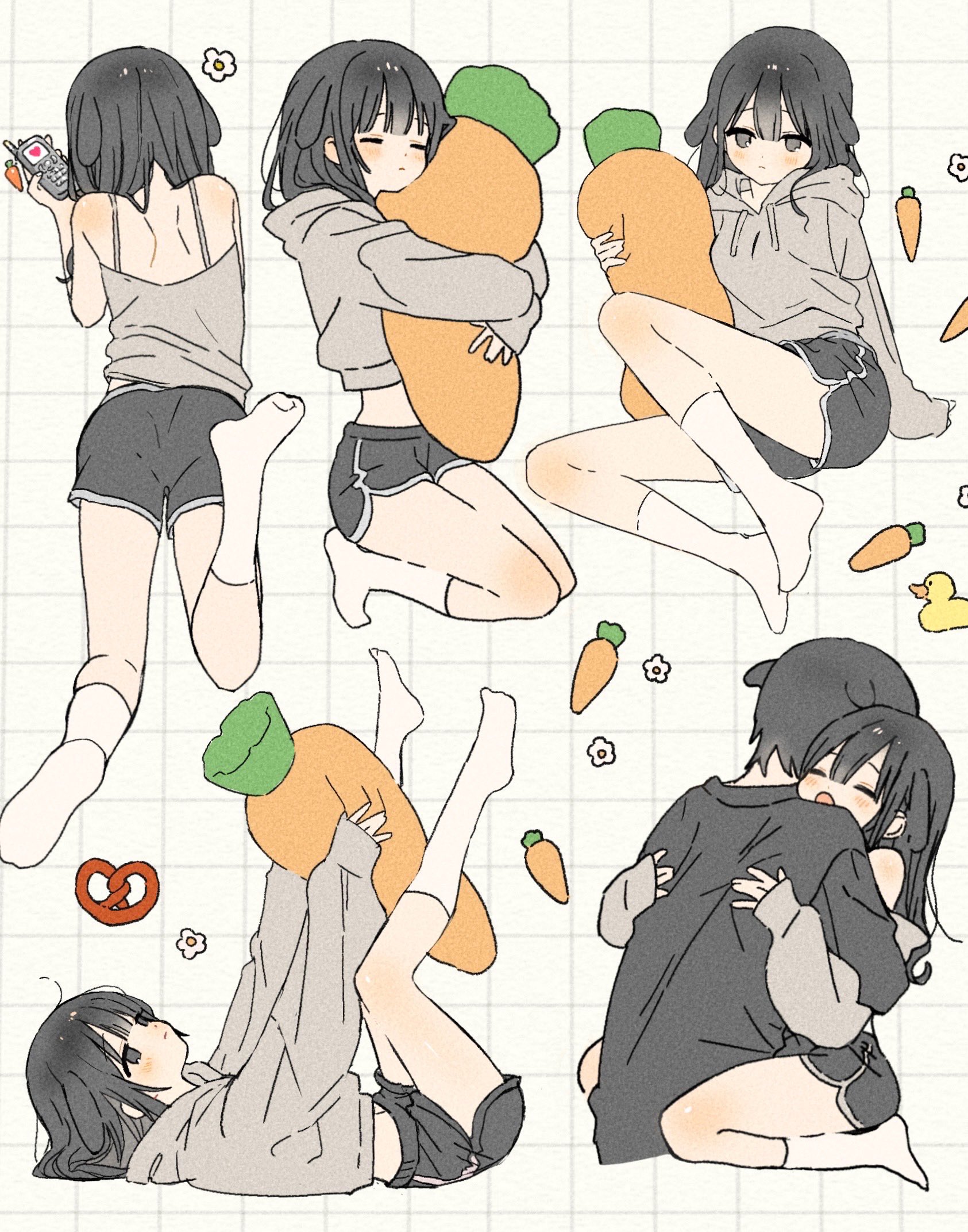 the image is a colorful and playful animestyle illustration featuring several cute girls in various poses.  multiple girls are shown interacting with large carrotshaped plushies; hugging them, lying near them, or playfully interacting with them in different positions.  one scene shows a couple of girls hugging each other affectionately. the overall style is soft and pastelcolored, with a lighthearted and charming atmosphere. the girls are drawn in a chibi style, with exaggerated features and proportions. small details such as flowers and pretzels are scattered in the background.  the image could be interpreted as representing friendship, affection, or simply the joy of playful interactions.