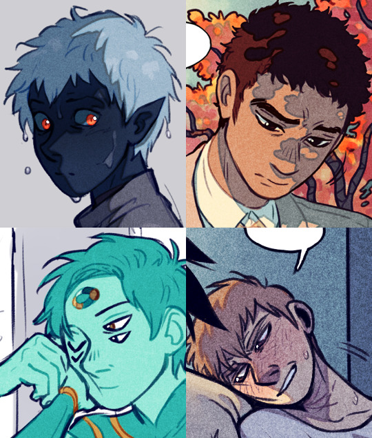 the image shows four illustrated portraits of men, each depicting different emotions. the first portrait in the top left features a darkskinned, elflike figure with blue hair, red eyes, and sweat dripping from his face, conveying a sense of exertion or distress. in the top right, a brownskinned man with short, dark hair and a burn scar on the left side of his face wears a contemplative expression. the bottom left portrait showcases a greenskinned, androgynous individual with short, messy hair, adorned with a golden earring and a pained expression. lastly, the bottom right portrait depicts a fairskinned man with short, spiky hair, his face etched with exhaustion and despair as tears stream down his cheeks. all portraits share a muted color palette, emphasizing their emotional depth.