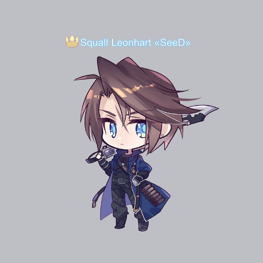a chibistyle illustration of squall leonhart from final fantasy viii, holding his iconic gunblade. he is wearing his signature seed uniform.