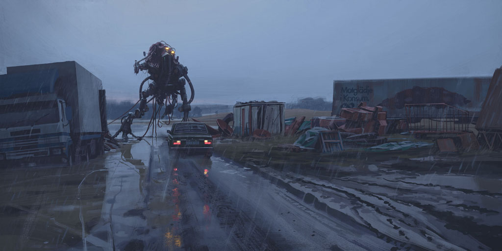 a desolate, postapocalyptic scene with a large, mechanical robot standing in the middle of a flooded road. a car and a truck are stuck in the mud, and debris litters the surrounding area. the sky is dark and cloudy, and the air is thick with rain. the scene is bleak and ominous, suggesting that a cataclysmic event has occurred.