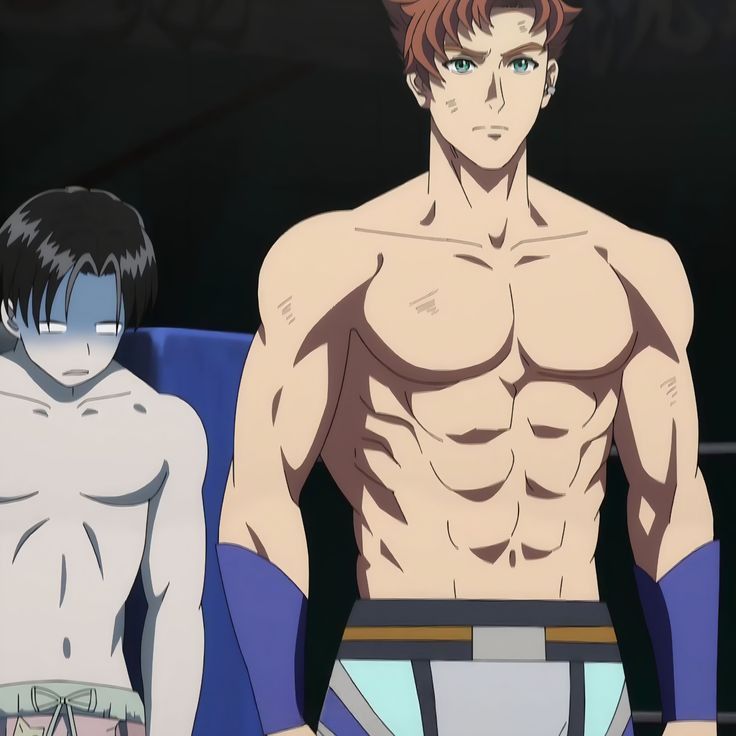 two muscular anime men stand in a wrestling ring. the man on the left is seated and appears overwhelmed, while the man on the right stands tall with a serious expression. they are both dressed for a wrestling match, with the man on the right wearing blue and white wrestling attire. the image suggests a moment of tension and anticipation in a competitive wrestling match.