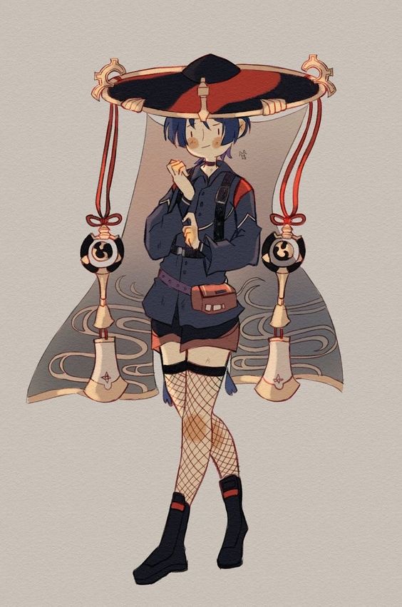 a digital illustration of an anime girl with blue hair, wearing a black and red hat, black and blue jacket, a belt with a bag, a mini skirt, black thigh highs, and fishnet stockings. the character has red string accessories with an ornate charm on each side. she is standing in a fashion pose with a cloud pattern background.