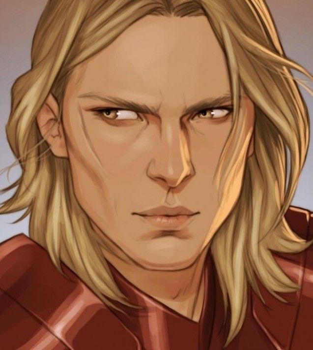 the image is a closeup digital painting of a young man's portrait. he has long, blond hair, and is wearing what appears to be reddishbrown armor or clothing. his expression is serious and intense, almost angry or scowling. the style is realistic, with detailed features and shading that give the illustration depth.  the lighting focuses on his face, highlighting his strong jawline and expressive eyes. the overall mood is one of tension or seriousness.