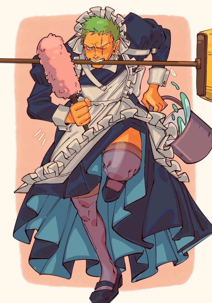 the image is a vibrant fanart depiction of roronoa zoro from the anime and manga series one piece, dressed as a maid.  he's depicted in a dynamic pose, midcleaning action, with a duster in one hand and a bucket of water in the other. his signature green hair, scar, and earring are visible. the art style is semirealistic, with bold colors and expressive lines, lending a playful and energetic feel to zoro's character in this unusual costume. the background is a simple, pale peach color that focuses attention on zoro.