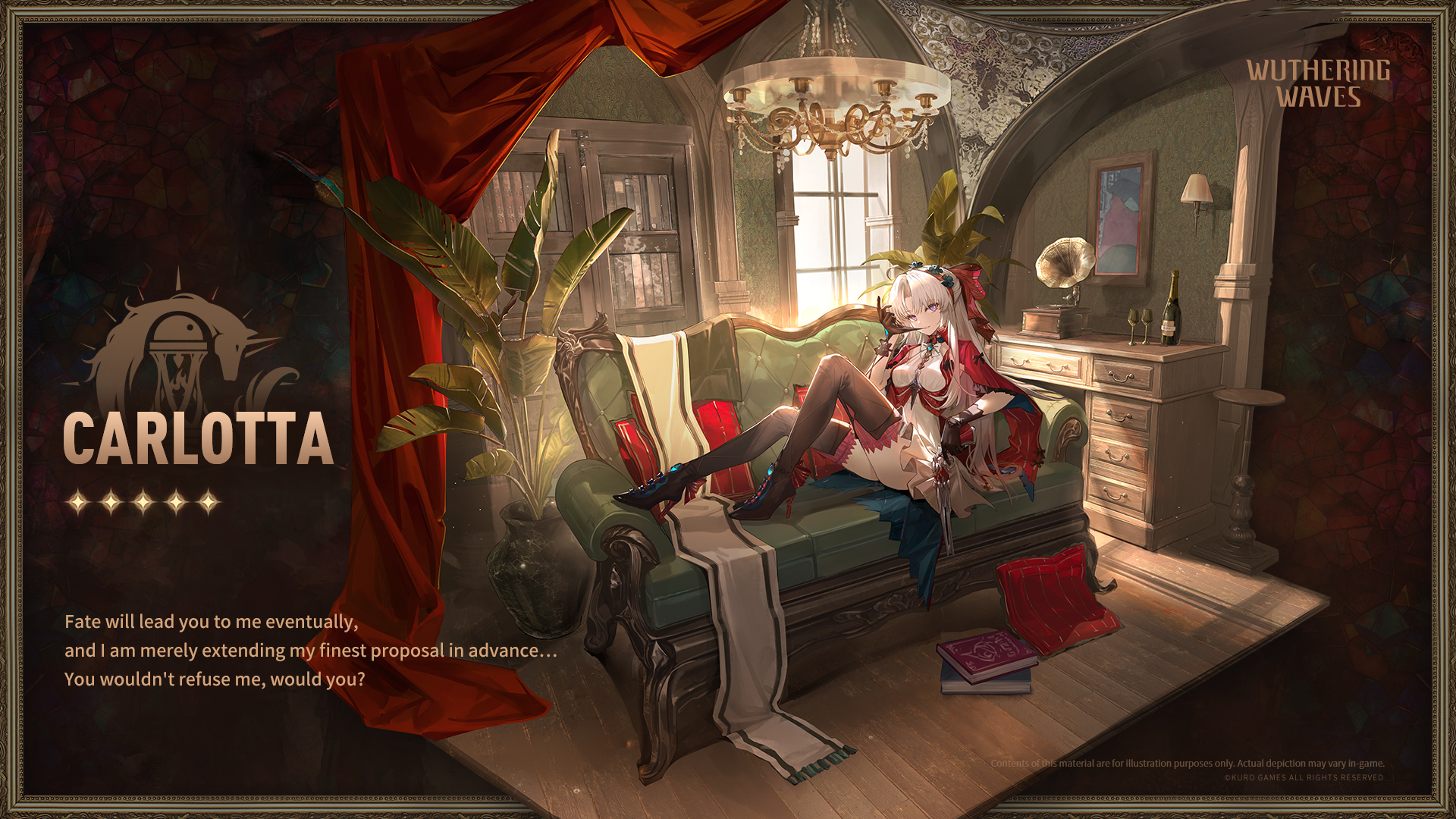 the image is a promotional artwork for the video game "wuthering waves," featuring the fourstar character carlotta.  carlotta, an animestyle girl with long white hair and a red dress, is depicted sitting confidently on an ornate, green velvet chaise lounge in a richly decorated victorianstyle room. the room features a red velvet curtain, books, a gramophone, and a bottle of wine, contributing to a luxurious and somewhat mysterious ambiance. the artwork is detailed and highly stylistic, with a dark academia feel combined with elements of fantasy.  text accompanying the illustration includes carlotta's name and a quote suggestive of a romantic advance. the overall style is polished and cinematic, designed to be visually appealing and showcase the character's personality and the game's aesthetic. a small disclaimer mentions the illustration is for promotional purposes, and actual ingame depiction may vary.