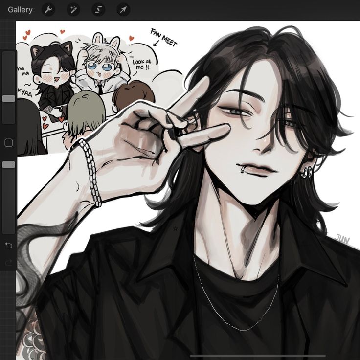 the image is a digital drawing in an anime/manga style depicting a young man with long black hair. he's wearing a black jacket and necklace, and has several earrings and a lip piercing. he's making a peace sign with his hand.  in the background, a smaller illustration shows what seems to be a fan meet or similar event with several other stylized characters who appear to be reacting to the main figure. the main figure's arm features a snake tattoo. the overall style is dark and slightly edgy. the image is clearly fanart, likely of a character from a specific fandom.