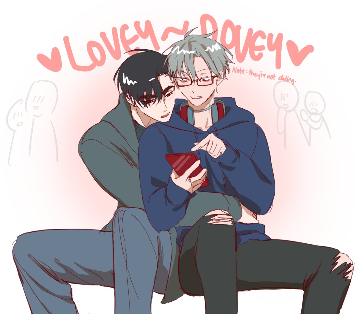an anime drawing of two boys sitting close together, one with his arm around the other. they are smiling and looking at a phone. the words "love" and "dovey" are written in a bubble above their heads. the word "note" is written in a bubble near the boys and says "they're not dating." there are stick figure drawings of people around the two boys in the background.