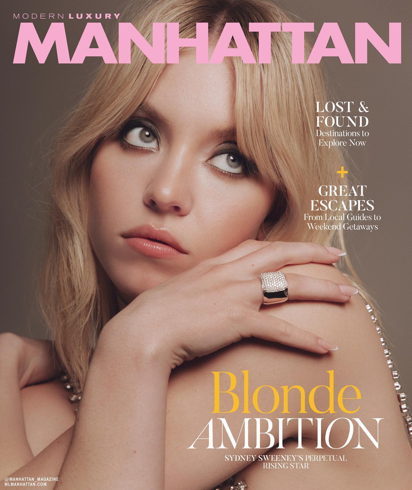 the image is a magazine cover featuring sydney sweeney, a rising star.  she is styled with blonde hair, minimal makeup, and a simple ring. the cover promotes travel destinations ("lost & found," "great escapes"), highlighting sweeney's persona as a glamorous and ambitious individual. the overall aesthetic is luxurious and sophisticated, reflecting the magazine's branding.
