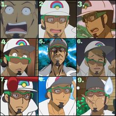 the image is a collage of nine closeup portraits of the same anime character with various expressions. the character has brown hair, brown eyes, and a noticeable goatee. he is shown wearing a white hat with a rainbow emblem, a white coat, and greentinted glasses in most of the portraits. the backgrounds vary, featuring solid colors, outdoor scenery, and abstract patterns. the expressions range from shock and surprise to seriousness and contentment.