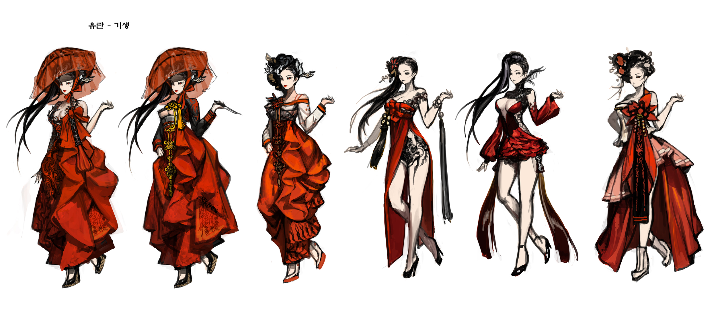 this is a colorful digital artwork depicting six women in red and black clothing, posed in a variety of graceful and fashionable ways. the women are all in traditional japanese or chinese clothing and appear to be in different styles. one woman is wearing a traditional red dress with a long train, while another wears a more modern style, and a few others are wearing a mix of traditional and modern elements. the artwork is done in a style that is both realistic and stylized. it's likely a concept art piece for a video game or anime series.