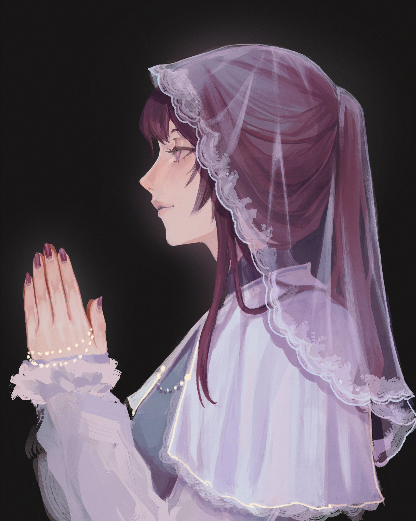 the image is a digital painting of a young woman, possibly an anime character. she's wearing a white veil, her hair is purple and she is praying. the background is dark, creating a mysterious and peaceful atmosphere. the woman's hands are clasped in prayer, and her face is turned slightly to the side, as if she is in deep thought.
