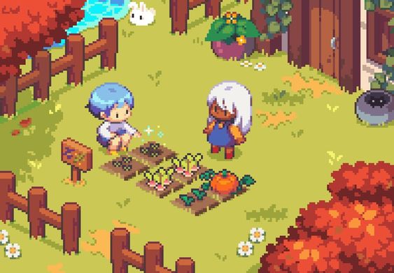 two stylized pixel art people tend to a small garden outside a building. one waters plants while the other watches. the scene is brightly lit, suggesting daytime. the overall color palette and use of fall colors suggests a cozy autumnal theme.