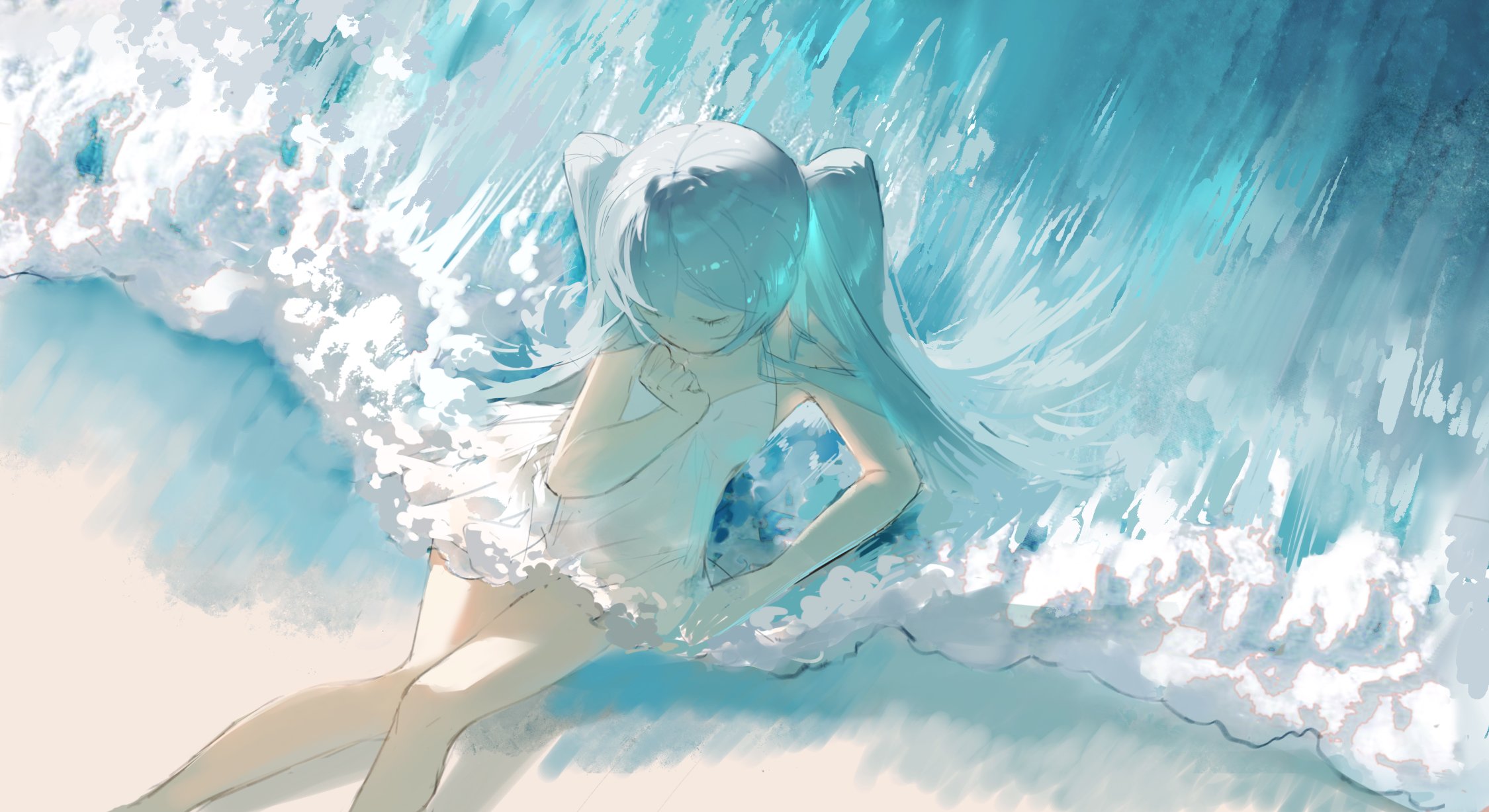 the image is a digital painting of an anime girl with long, light blue twintails sitting on a beach as a wave washes over her. she is wearing a white, flowing dress and her expression is peaceful and serene. the overall style is soft and dreamy, with pastel colors and loose brushstrokes that create a sense of movement and fluidity. the wave is depicted with a variety of shades of blue and white, and the girl is partially obscured by the water, giving the image a mysterious and ethereal feel.