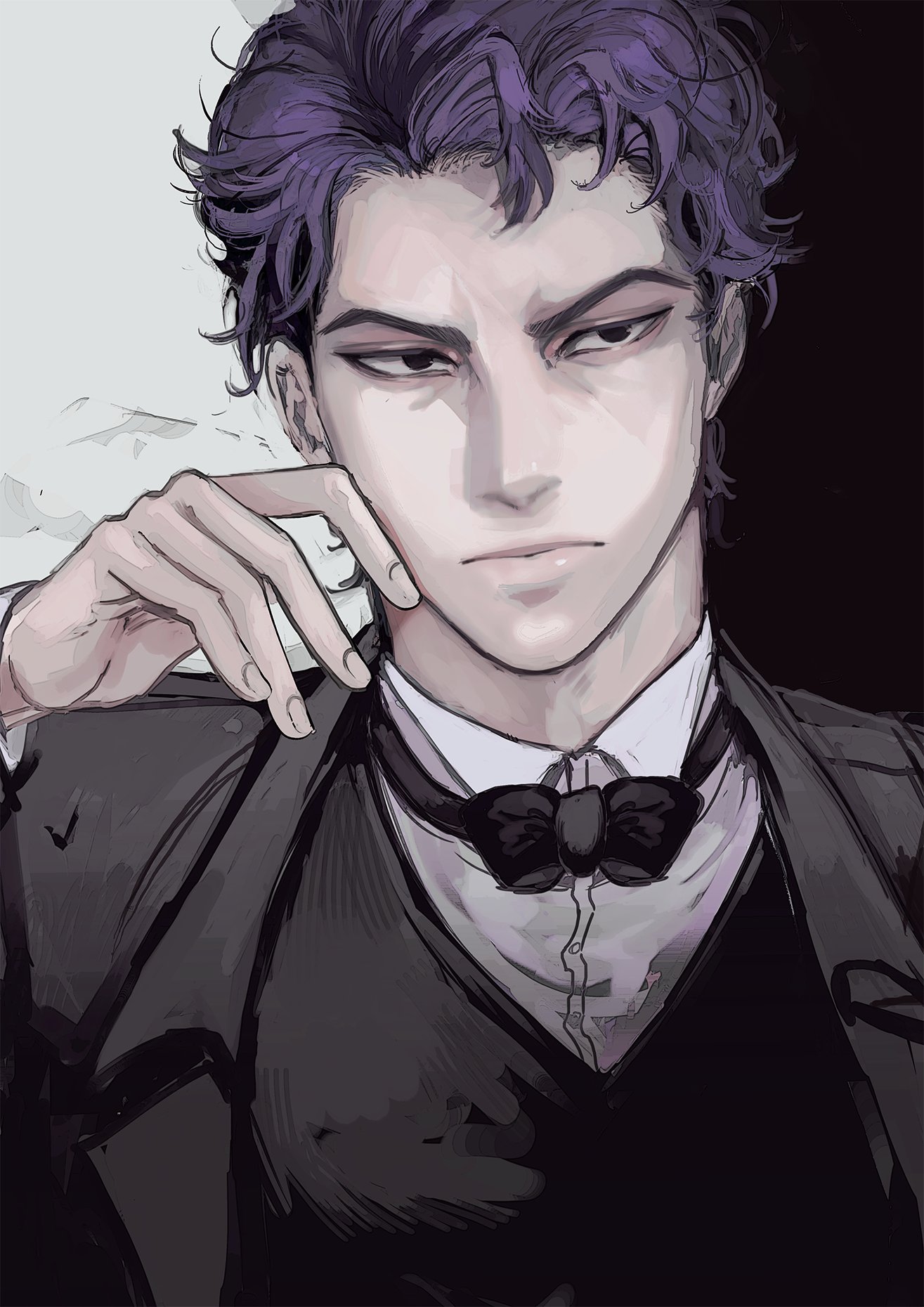 a digital illustration of a young man with purple hair wearing a black suit and a bow tie. he is staring intensely at something offscreen, and his expression is serious and elegant.