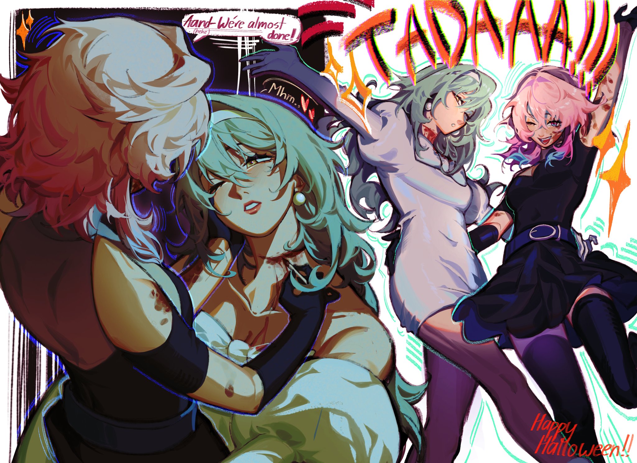 this is a digital illustration of three anime girls dressed in halloween costumes. the girl in the center is dressed as a vampire, with a white dress and red blood on her neck. the girl on the left is dressed as a witch, with a black dress and a witch's hat. the girl on the right is dressed as a ghoul, with a black dress and a pair of horns. all three girls are smiling and having fun. the background is a dark and spooky, with a lot of bats and cobwebs. the image is very vibrant and colorful, and it captures the fun and excitement of halloween.