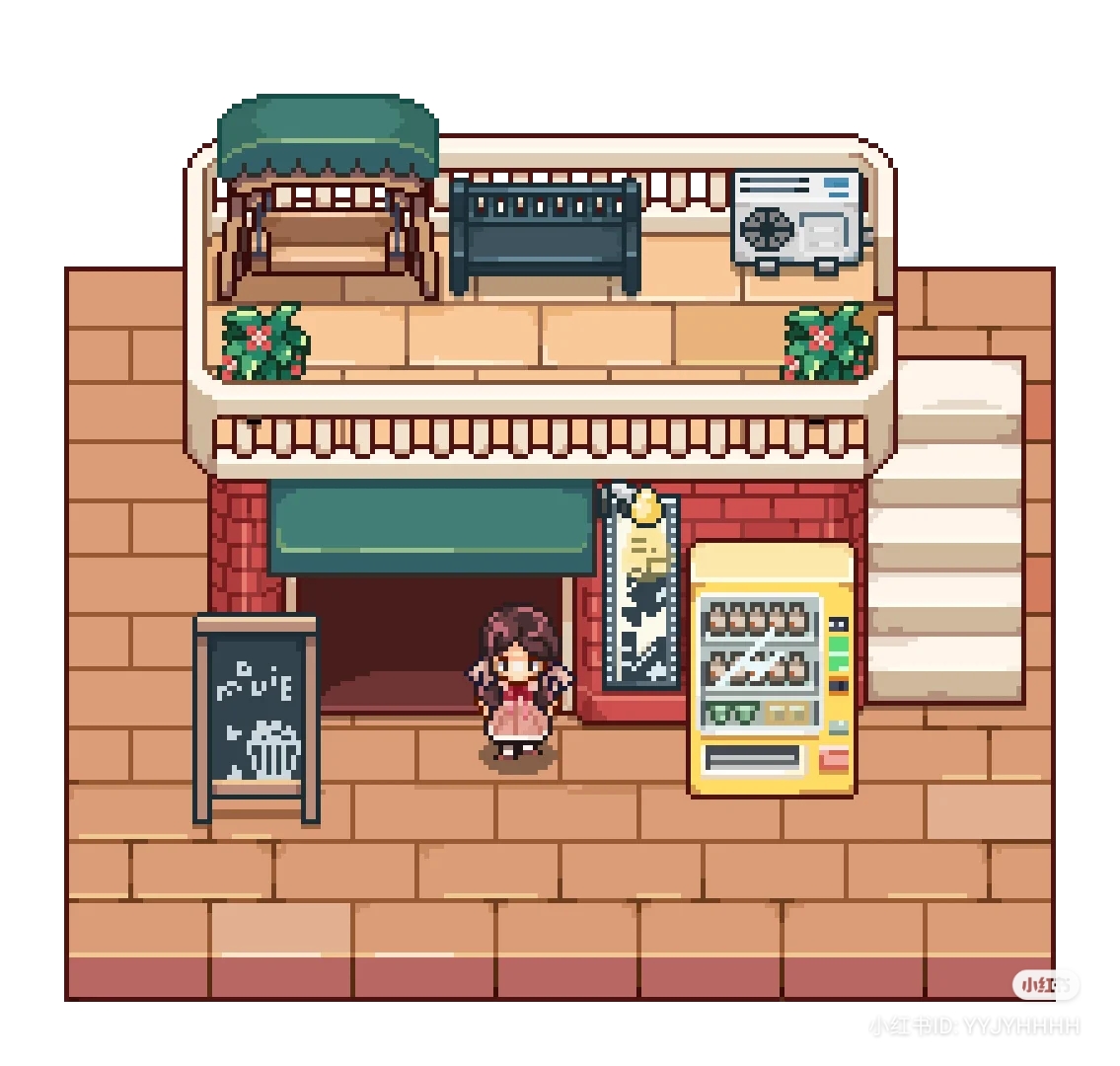 pixel art image of a twostory building. on the bottom floor is a shop with a green awning.  there's a chalkboard sign and a yellow vending machine in front. a woman stands on the sidewalk in front of the shop door. stairs lead up to a rooftop patio with a swing, a bench, potted flowers, and an air conditioning unit. the scene is brightly lit, likely with daytime sun.  the overall feel is cozy and charming.