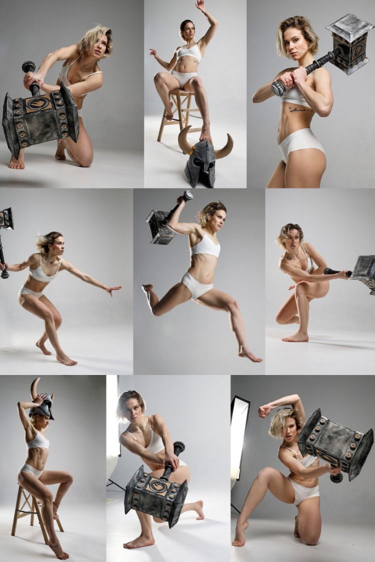 a collage of nine studio shots featuring a woman in white underwear in various athletic poses, many wielding a large, decorative hammer. some images include a stool or a helmet with horns. the woman is depicted as strong and muscular. the background is plain, and the lighting is wellcontrolled.