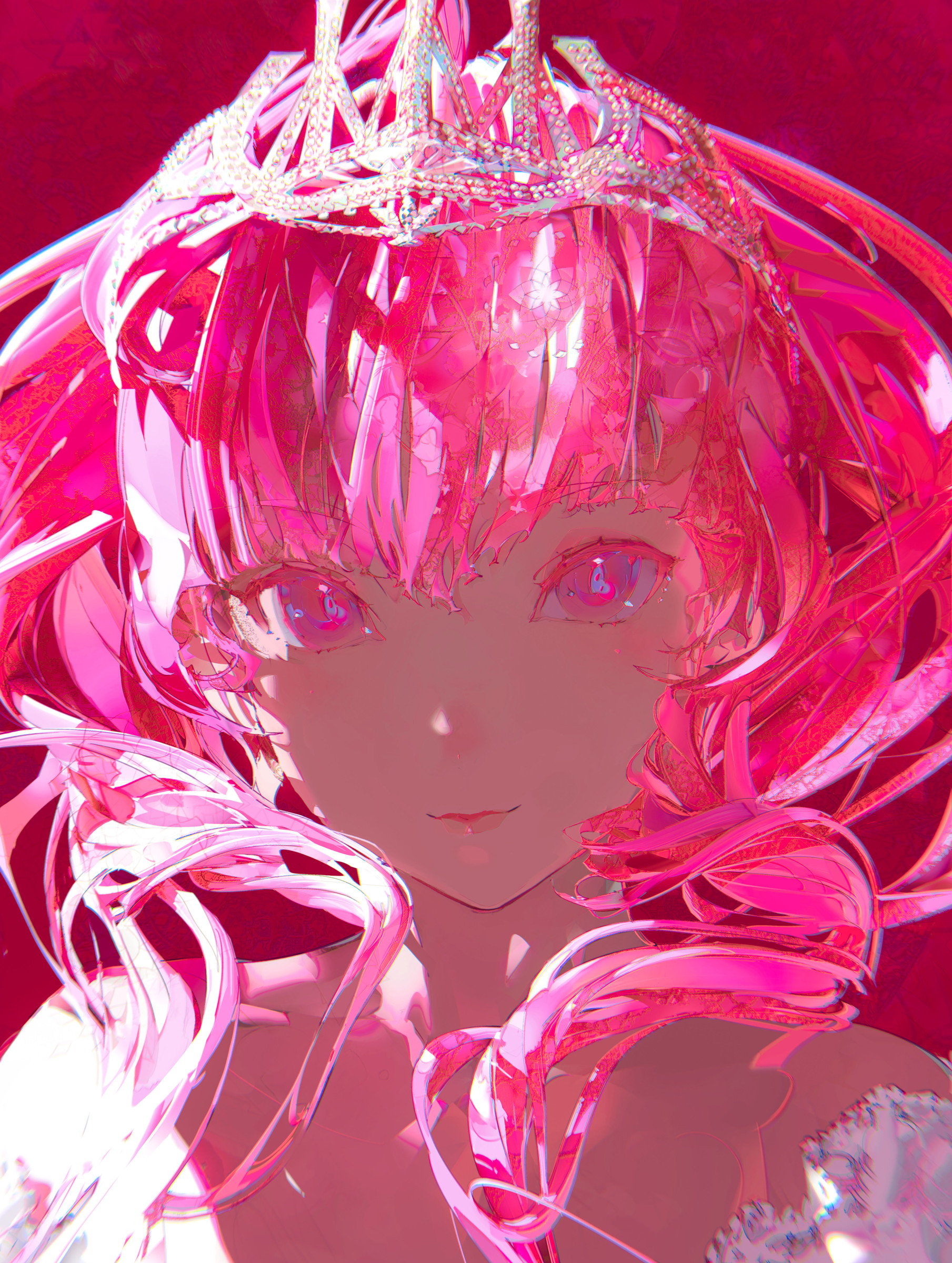 closeup view of a stylized animestyle girl with long, vibrant pink hair.  she's wearing a sparkling golden crown and a pink dress, seemingly made of a reflective or glossy material. the overall style is highly saturated and visually striking, with a focus on light and texture. the background is a blurred, deep pink. the image has a dreamy, almost surreal quality.