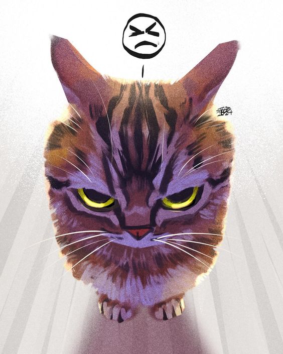 a digital illustration of an angry cat. the cat is looking directly at the viewer with a frown on its face. the cat is brown and white with green eyes and whiskers. the cat's expression is very grumpy. there is a thought bubble above the cat's head with an angry face inside. the background is a light grey with white stripes. the cat is looking directly at the viewer, and its expression is very angry. the illustration is done in a cartoon style, with the cat's features exaggerated.