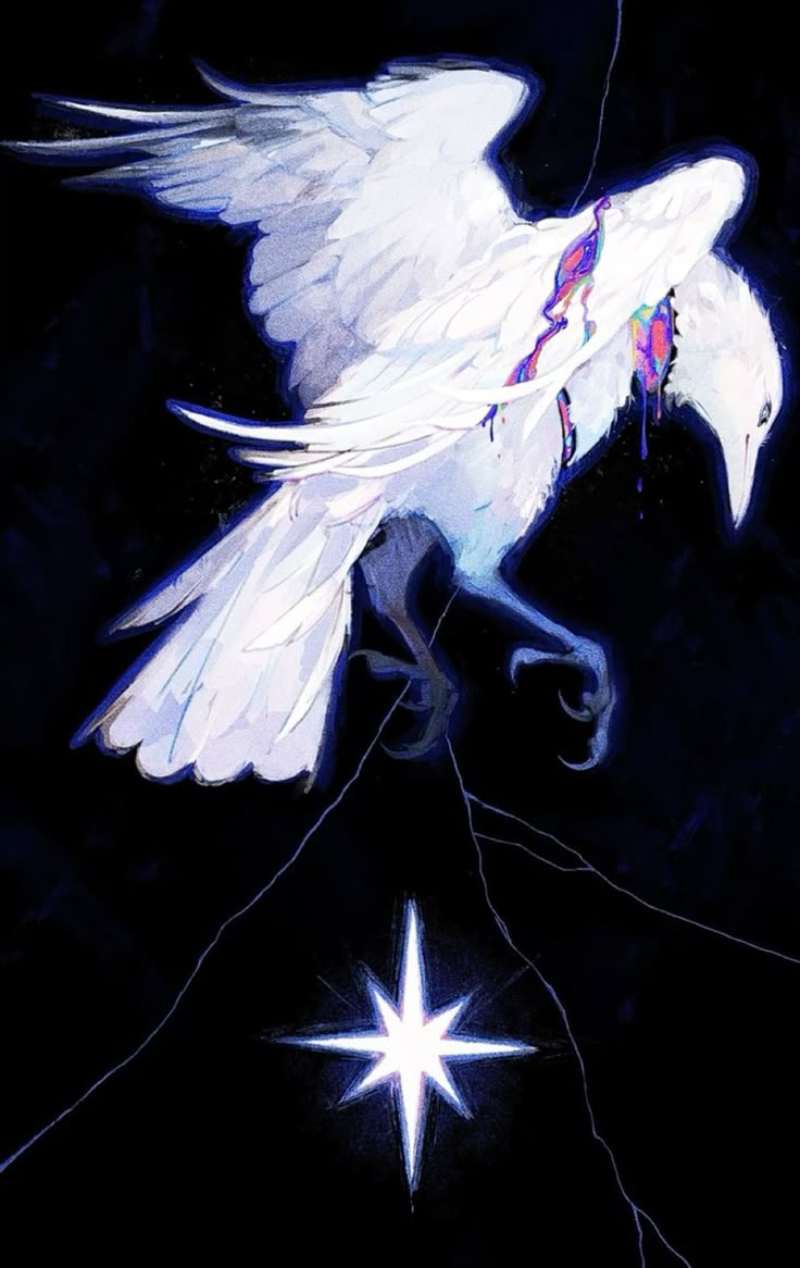 a white raven is shown in a fantasy style painting. it appears to have colorful, iridescent wounds that are dripping. below the raven, a bright star shines against a dark background, with cracks extending from it, as though the surface is broken.