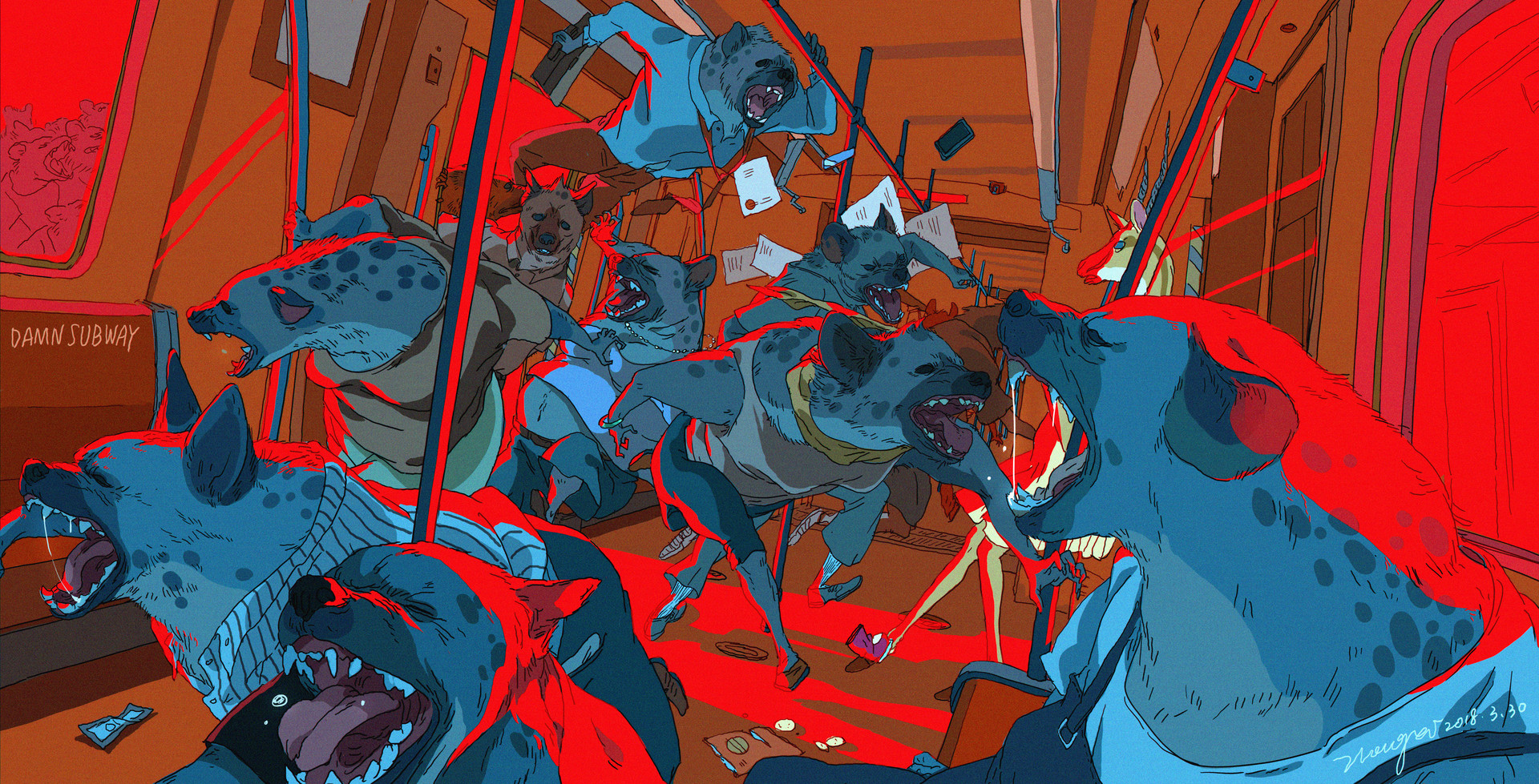 this is a vibrant, dynamic illustration that depicts a pack of hyenas in a crowded subway. they are all in action, running, jumping, and snarling, creating a chaotic scene. the illustration is full of color and energy, and the hyenas are depicted with a sense of aggression and intensity. the scene is set in a modern, urban environment. the illustration is likely meant to be humorous and satirical, with the chaotic scene reflecting the realities of public transportation. the vibrant colors and dynamic composition create a sense of energy and movement.